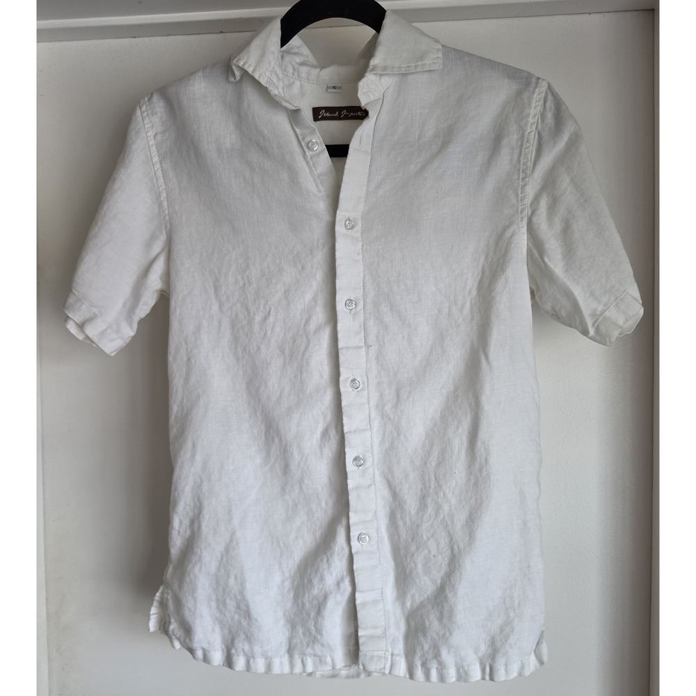Island Importer Linen Button-Down Shirt Size 12 White Short Sleeve Women's